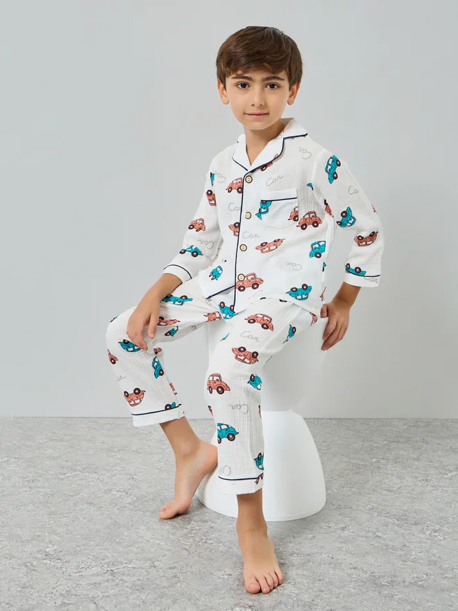 Styli Styli Boys Cotton Car Print Shirt and Pyjama Set