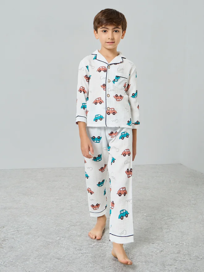 Styli Styli Boys Cotton Car Print Shirt and Pyjama Set