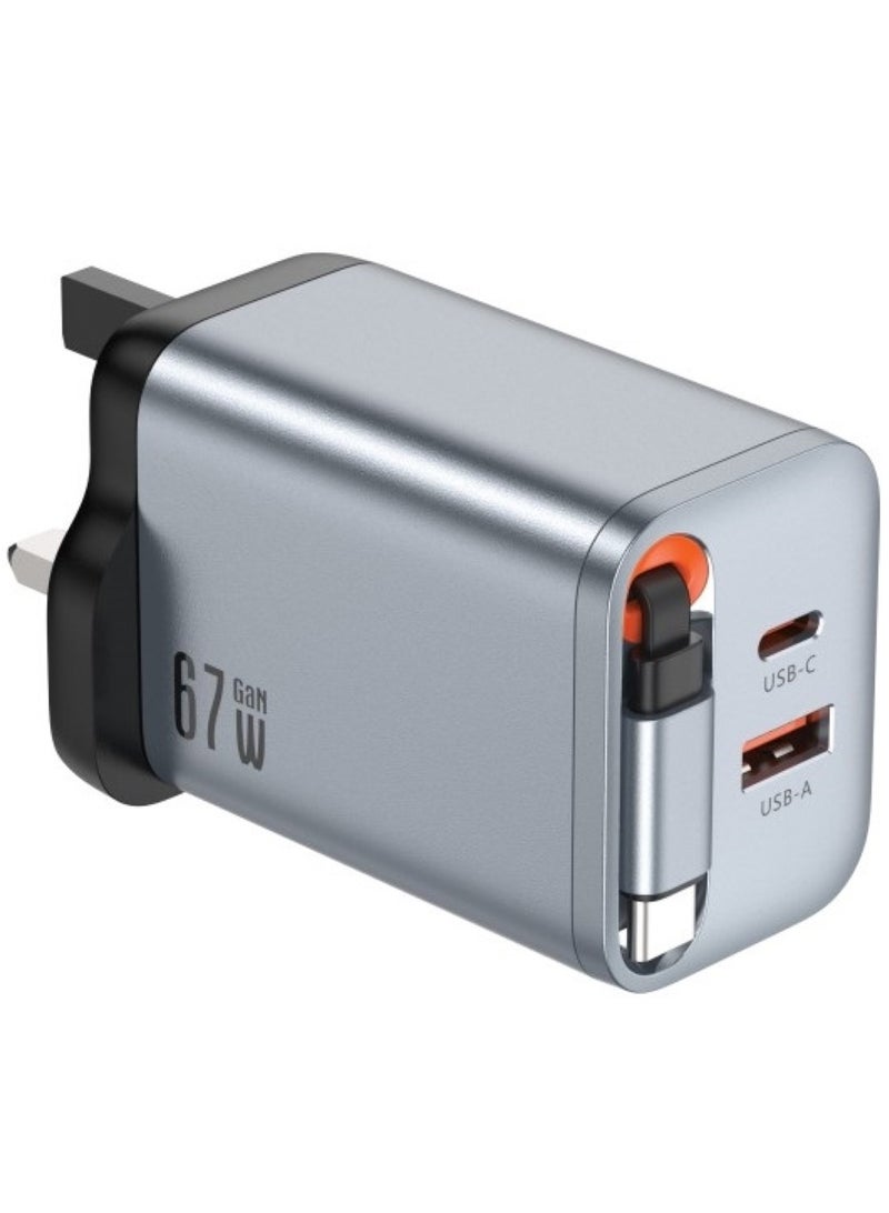 GREEN LION GaN Premium 67W Adapter UK Plug with 2 Ports & 70cm Built-in Type-C Retractable Cable / 50% in 30 Minutes / PPS 49.5W Power Delivery / Flame Retardant PC / Universal Compatibility / Exquisite Appearance - Grey - Image 1
