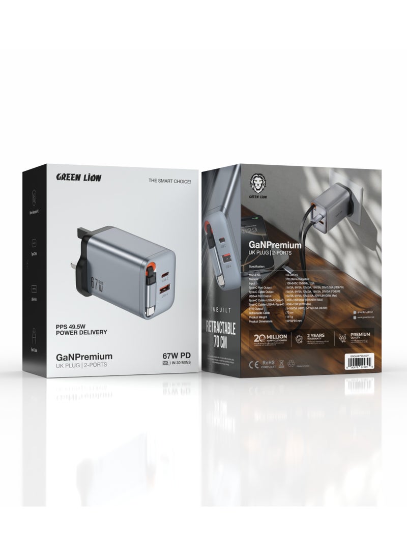 GREEN LION GaN Premium 67W Adapter UK Plug with 2 Ports & 70cm Built-in Type-C Retractable Cable / 50% in 30 Minutes / PPS 49.5W Power Delivery / Flame Retardant PC / Universal Compatibility / Exquisite Appearance - Grey - Image 2