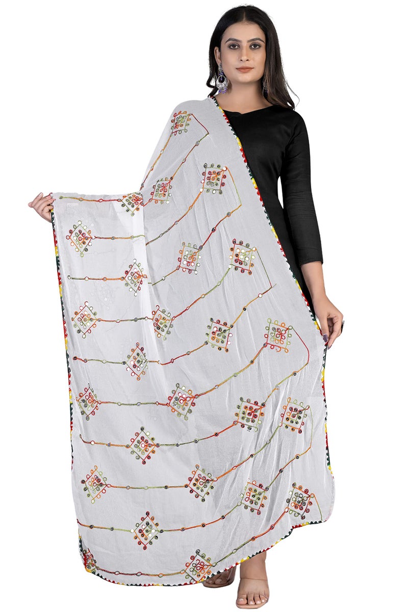 KEMZA Women's Embroidered Mirror Work Chiffon Dupatta (White_Free size) - Image 1