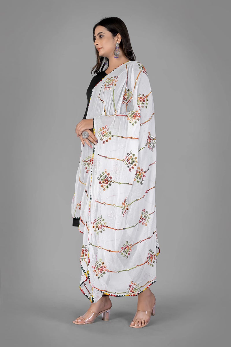 KEMZA Women's Embroidered Mirror Work Chiffon Dupatta (White_Free size) - Image 2