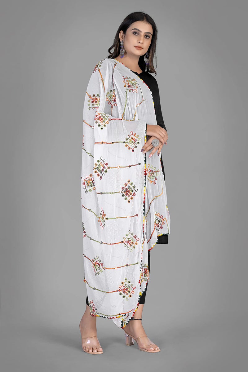 KEMZA Women's Embroidered Mirror Work Chiffon Dupatta (White_Free size) - Image 3