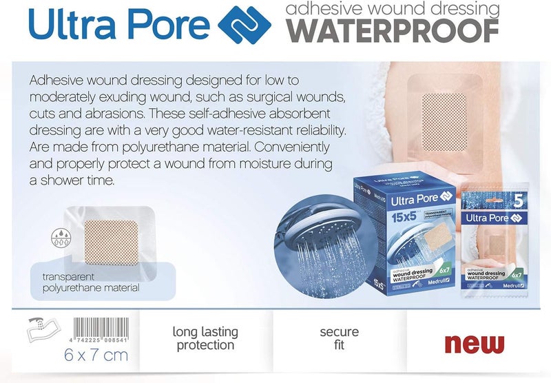 MEDRULL ULTRA PORE Transparent Waterproof Dressing - Dressing Size - 7cm x 6cm - Cotton Square Size - 4cm x 3cm - Pack of 5 Sterile Plasters - Individually Wrapped Plasters - Image 2