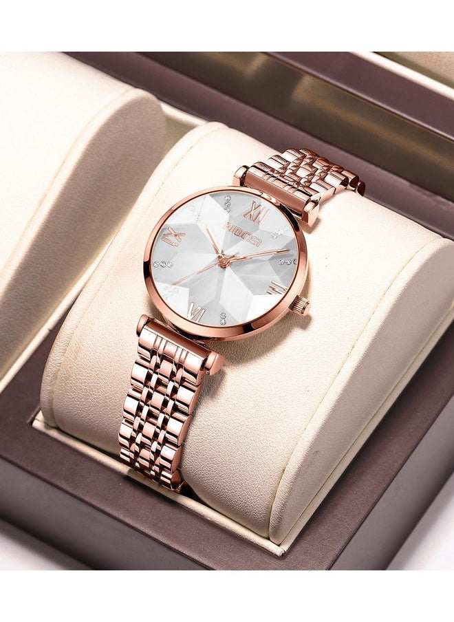 NIBOSI - NIBOSI Stainless Steel Women Watches Analog Rose Gold Square Dial Women's Watch For Girls&Miss&Ladies Diamond Studded With Stylish Watches Waterproof, Dial Color-White, Band Color-Rose Gold - Image 1