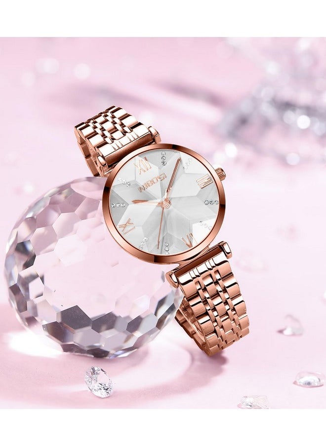 NIBOSI - NIBOSI Stainless Steel Women Watches Analog Rose Gold Square Dial Women's Watch For Girls&Miss&Ladies Diamond Studded With Stylish Watches Waterproof, Dial Color-White, Band Color-Rose Gold - Image 1