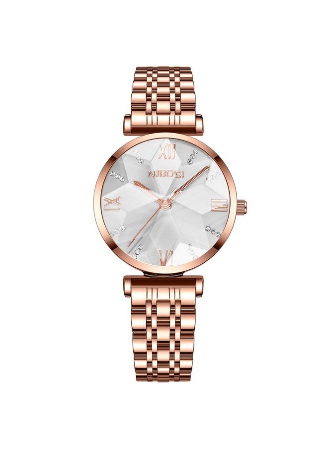NIBOSI - NIBOSI Stainless Steel Women Watches Analog Rose Gold Square Dial Women's Watch For Girls&Miss&Ladies Diamond Studded With Stylish Watches Waterproof, Dial Color-White, Band Color-Rose Gold - Image 1