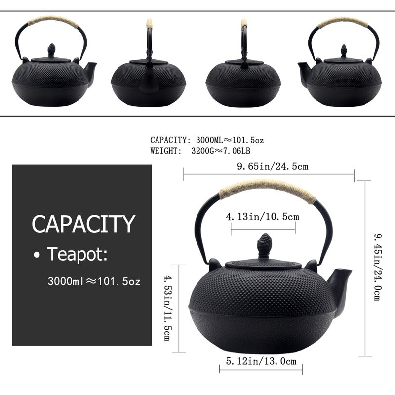 YJX 101 fl oz Extra Large and Heavy Cast Iron Teapot for Stovetop Safe, Black Tea Kettle with Stainless Steel Tea Balls for Loose Tea, Cast Iron Tea Pot for 6 to 10 People, 3000ml Japanese Tetsubin - Image 3