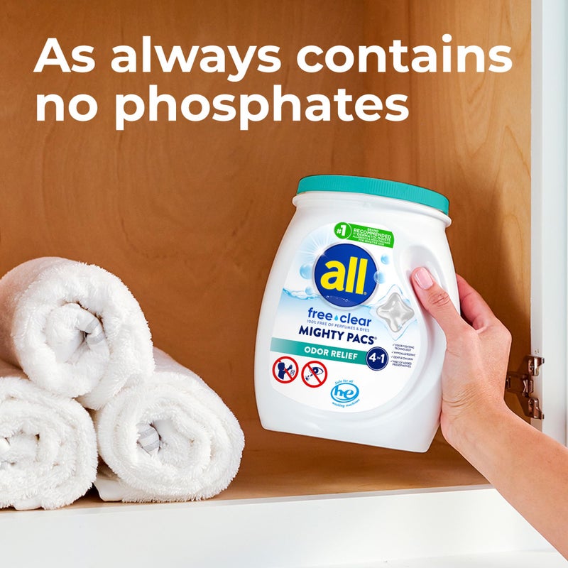 All Mighty Pacs Laundry Detergent Free Clear Odor Relief, Tub, 56 Count - Image 3
