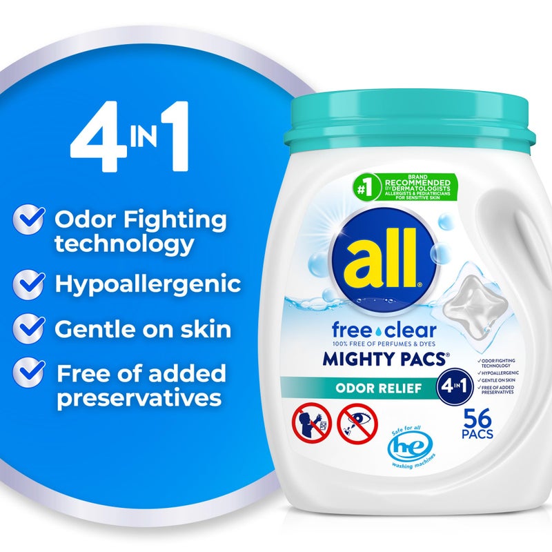 All Mighty Pacs Laundry Detergent Free Clear Odor Relief, Tub, 56 Count - Image 2