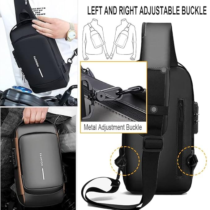 DS ENTERPRISE Waterproof Polyester Slim Unisex Crossbody Sling Bag Chest Backpack Men's Shoulder Bag, Leisure Running Sport Travel Handbag, Hard Shell Anti-Theft Chest Bag with USB charging port (Black & Brown) - Image 3