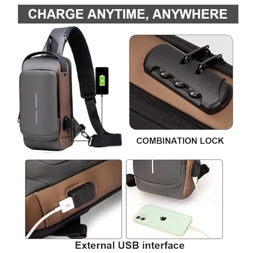 DS ENTERPRISE Waterproof Polyester Slim Unisex Crossbody Sling Bag Chest Backpack Men's Shoulder Bag, Leisure Running Sport Travel Handbag, Hard Shell Anti-Theft Chest Bag with USB charging port (Black & Brown) - Image 2
