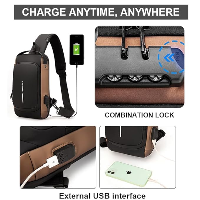 DS ENTERPRISE Waterproof Polyester Slim Unisex Crossbody Sling Bag Chest Backpack Men's Shoulder Bag, Leisure Running Sport Travel Handbag, Hard Shell Anti-Theft Chest Bag with USB charging port (Black & Brown) - Image 5