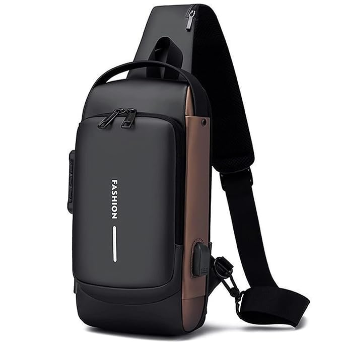 DS ENTERPRISE Waterproof Polyester Slim Unisex Crossbody Sling Bag Chest Backpack Men's Shoulder Bag, Leisure Running Sport Travel Handbag, Hard Shell Anti-Theft Chest Bag with USB charging port (Black & Brown) - Image 1
