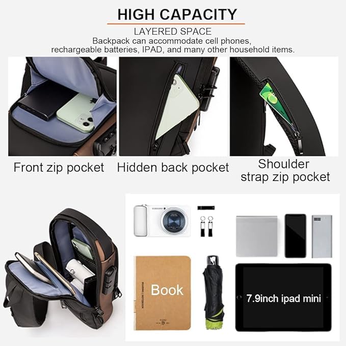 DS ENTERPRISE Waterproof Polyester Slim Unisex Crossbody Sling Bag Chest Backpack Men's Shoulder Bag, Leisure Running Sport Travel Handbag, Hard Shell Anti-Theft Chest Bag with USB charging port (Black & Brown) - Image 4