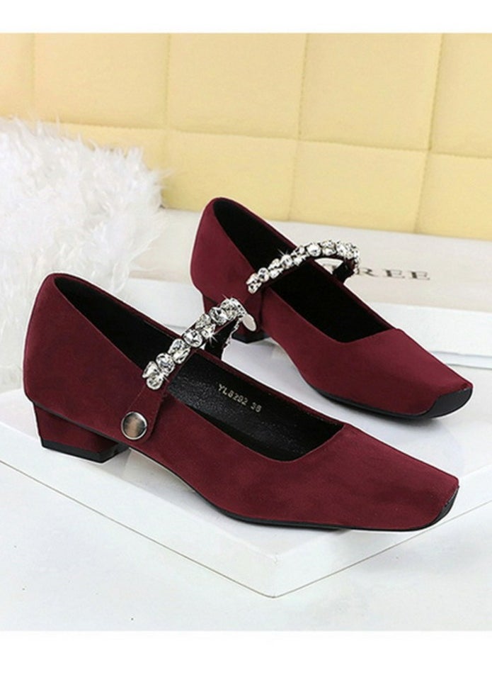 BIGTREE Mary Jane Shoes Low Chunky Heels Closed Square Toe Shoes With  Ankle Strap Wine Red  - Image 2