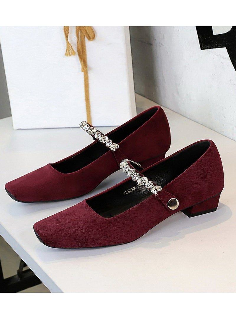 BIGTREE Mary Jane Shoes Low Chunky Heels Closed Square Toe Shoes With  Ankle Strap Wine Red  - Image 1