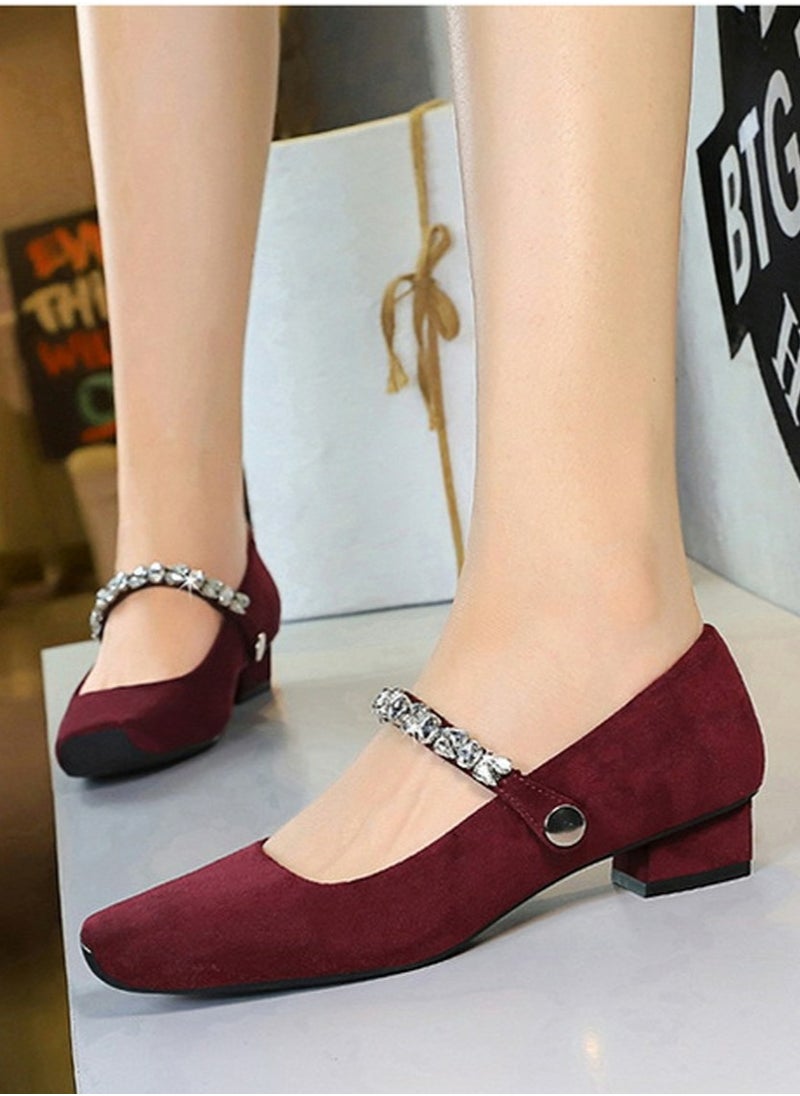 BIGTREE Mary Jane Shoes Low Chunky Heels Closed Square Toe Shoes With  Ankle Strap Wine Red  - Image 3