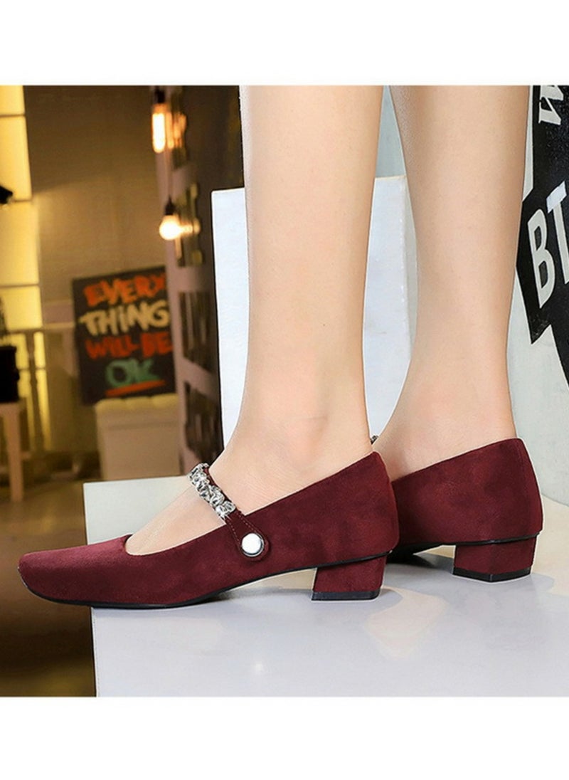 BIGTREE Mary Jane Shoes Low Chunky Heels Closed Square Toe Shoes With  Ankle Strap Wine Red  - Image 4