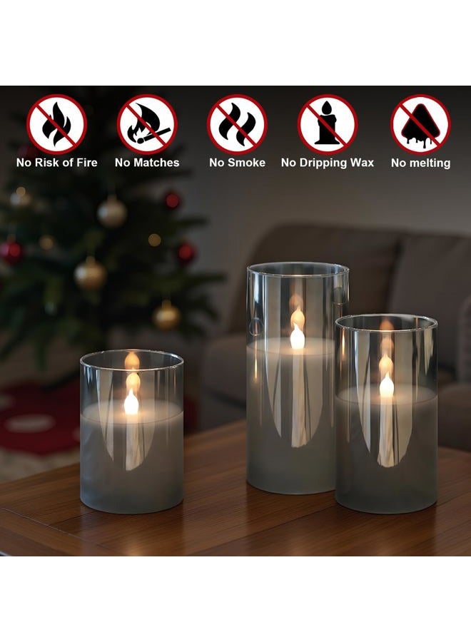 GenSwin Gray Glass Battery Operated Flameless Led Candles with 10-Key Remote and Timer, Real Wax Candles Warm White Flickering Light for Home Decoration(Set of 3) - Image 4