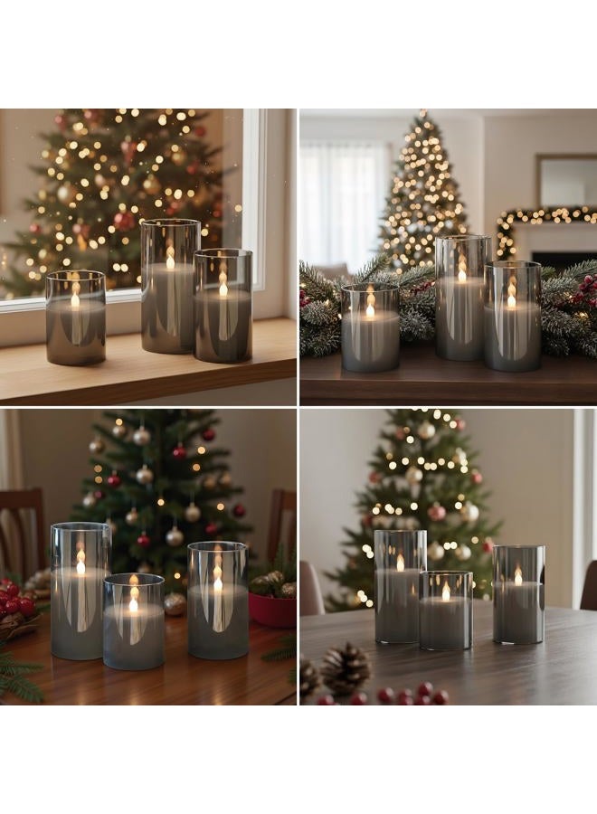 GenSwin Gray Glass Battery Operated Flameless Led Candles with 10-Key Remote and Timer, Real Wax Candles Warm White Flickering Light for Home Decoration(Set of 3) - Image 2