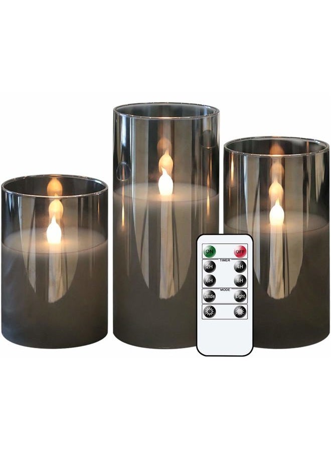 GenSwin Gray Glass Battery Operated Flameless Led Candles with 10-Key Remote and Timer, Real Wax Candles Warm White Flickering Light for Home Decoration(Set of 3) - Image 1