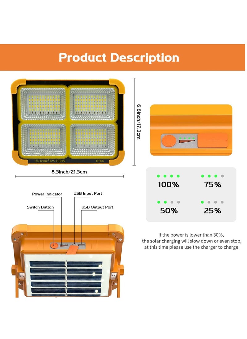KEYANG - Rechargeable LED Flood Light  with Solar & USB Charging, 264 LEDs, IP66 Waterproof, Input Voltage 5V, Portable Work Light with Adjustable Stand, Power Bank Function, for Outdoor Camping Garage Emergency KY-100W - Image 1