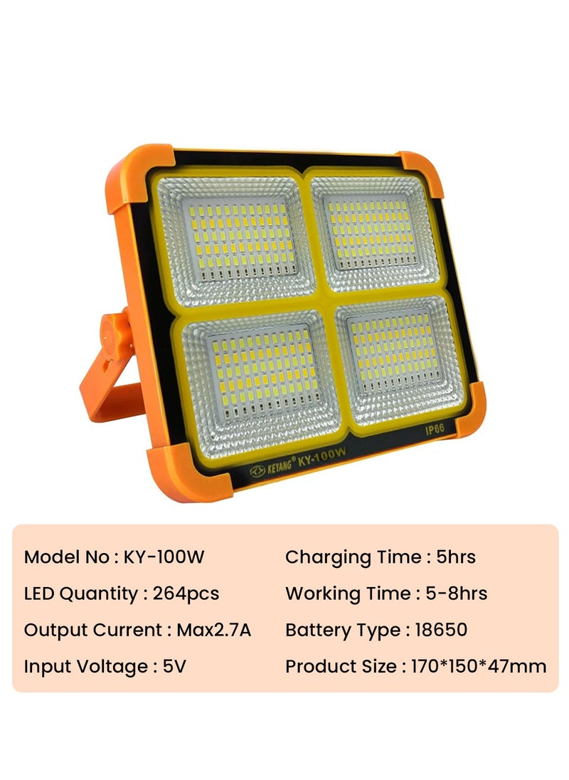 KEYANG - Rechargeable LED Flood Light  with Solar & USB Charging, 264 LEDs, IP66 Waterproof, Input Voltage 5V, Portable Work Light with Adjustable Stand, Power Bank Function, for Outdoor Camping Garage Emergency KY-100W - Image 1