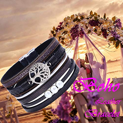 Desimtion Black Wrap Leather Bracelets for Women Boho Layered Stacking Wide Buckle Family Tree of Life Bracelets for Women Mom Teen Girls Grandma - Image 2