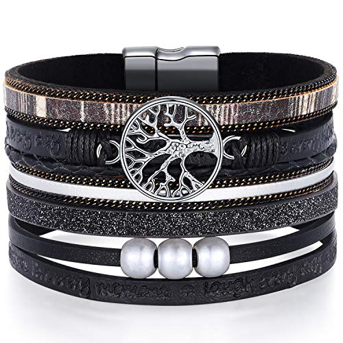 Desimtion Black Wrap Leather Bracelets for Women Boho Layered Stacking Wide Buckle Family Tree of Life Bracelets for Women Mom Teen Girls Grandma - Image 1