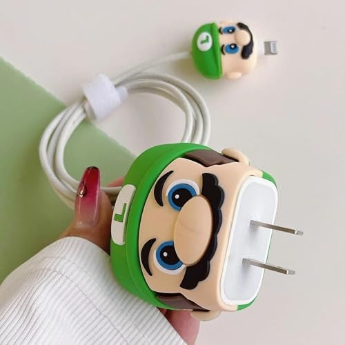 INEFABLE Charger Case Cover Protector with 3D Cute Pattern for iPhone Charger only 18W & 20W, Data Charging Cable Wire Saver Protective Cable Cover Full Protection - Set of 1 (Green Mario) - Image 2