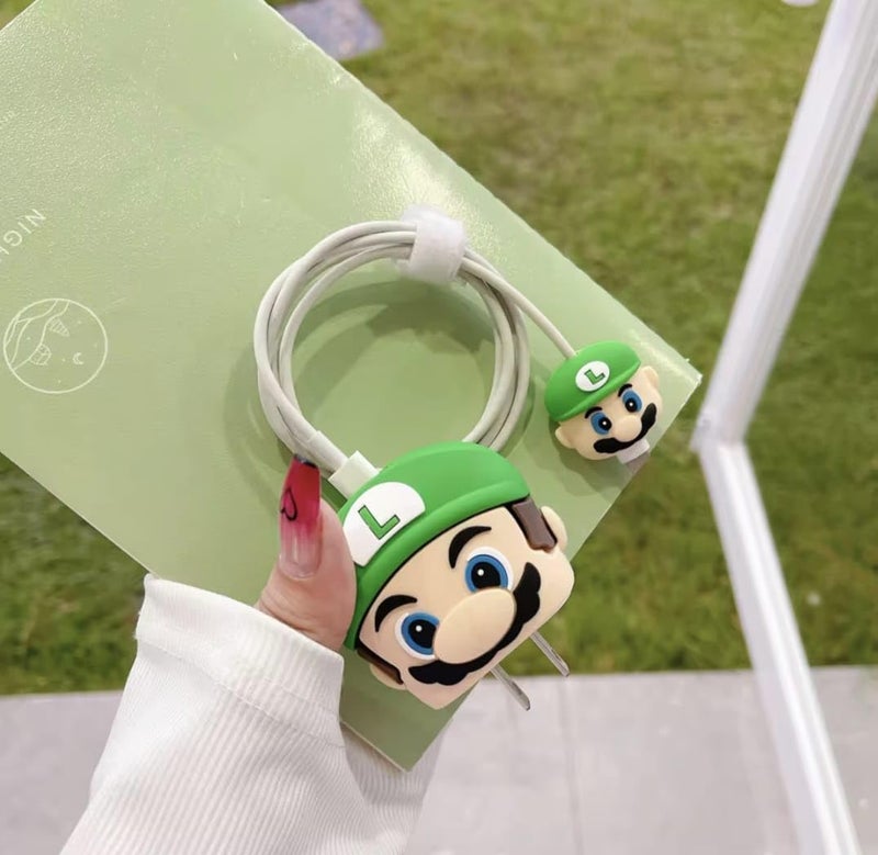 INEFABLE Charger Case Cover Protector with 3D Cute Pattern for iPhone Charger only 18W & 20W, Data Charging Cable Wire Saver Protective Cable Cover Full Protection - Set of 1 (Green Mario) - Image 1