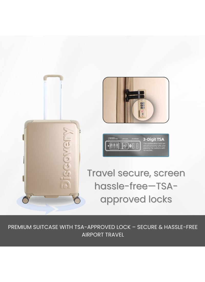 Discovery Focus ABS Hardside Checked Travel Luggage, Durable Lightweight 4 Double Wheel Expandable Trolley Bag, Extra Secure Combination Lock, 24" Suitcase, Check-In Medium Trolley - Gold.