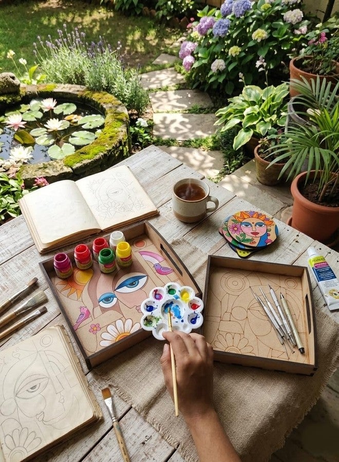 GreyArt DIY Wooden Tray Kit with Acrylic Colours | Craft Kit | MDF Serving Tray with Paints, Brush & Palette | Art & Craft Kit for Kids & Adults | Home Decor DIY Activity (Abstract Design) - Image 2