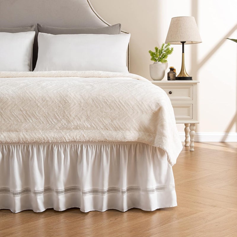 Wrap Around Ruffled Lace Bed Skirt, Elastic Dust Ruffle with Adjustable Belts,15 Inch Drop Easy to Put On, Bed Frame Cover, Machine Washable (Ruffled Lace, Full/Twin-15) - Image 1