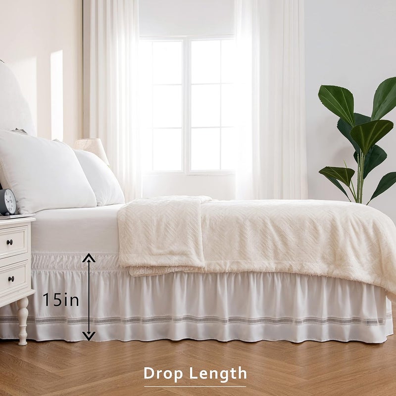 Wrap Around Ruffled Lace Bed Skirt, Elastic Dust Ruffle with Adjustable Belts,15 Inch Drop Easy to Put On, Bed Frame Cover, Machine Washable (Ruffled Lace, Full/Twin-15) - Image 4