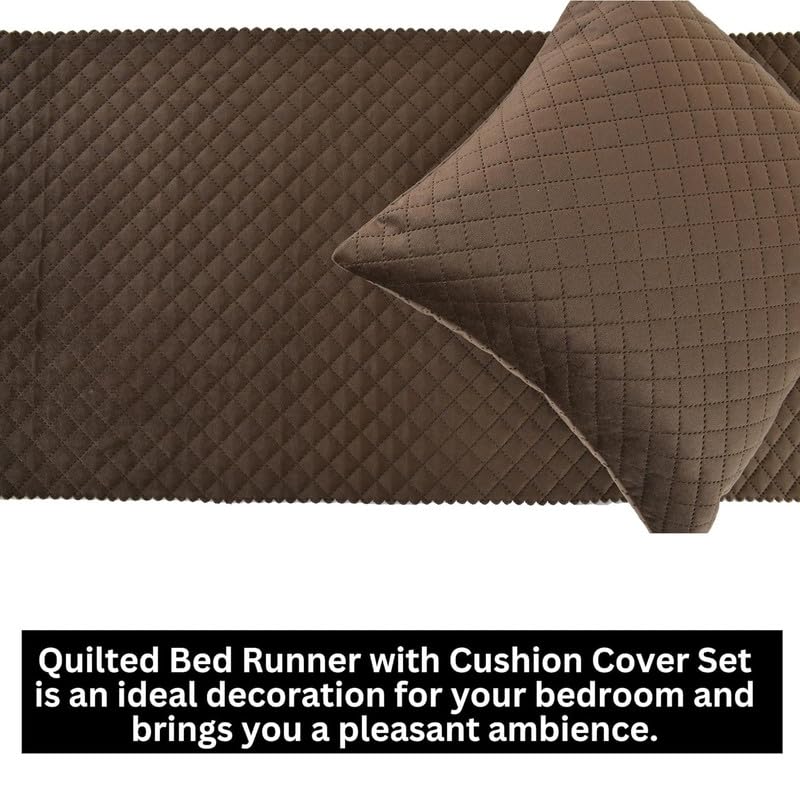 Hardeep Velvet Quilted Set of Bed Runner (16 x 96 inches) and 2 Cushion Covers (16 x 16 inches) Combo Set- Brown - Image 2