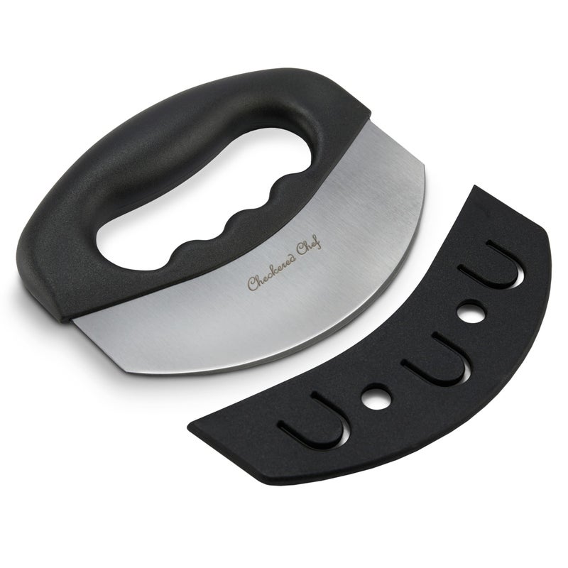 Checkered Chef Salad Chopper Tool with Cover Mezzaluna Knife Stainless Steel Vegetable Rocker Mincer Cutter