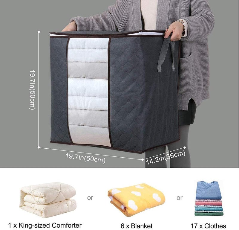 شنطة تخزين ملابس كبيرة منظم بيد مقواة قماش سميك للألحفة والبطانيات وملايات السرير قابلة للطي بسوستة متينة فتحة شفافة بلون رمادي 90 لتر مجموعة 3 قطع - Image 2