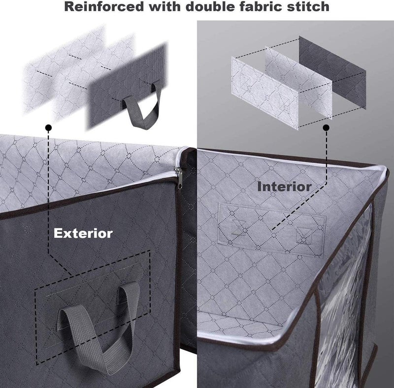 شنطة تخزين ملابس كبيرة منظم بيد مقواة قماش سميك للألحفة والبطانيات وملايات السرير قابلة للطي بسوستة متينة فتحة شفافة بلون رمادي 90 لتر مجموعة 3 قطع - Image 5