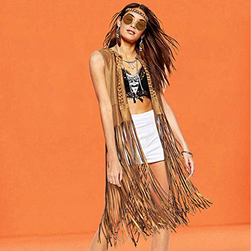 EVISWIY Hippie Costumes Clothes for Women 60s 70s Outfits Women Hippie Vest with Fringe Sleeveless Cardigan Faux Seude Tassels Vest Set(XX-Large) Beige - Image 2