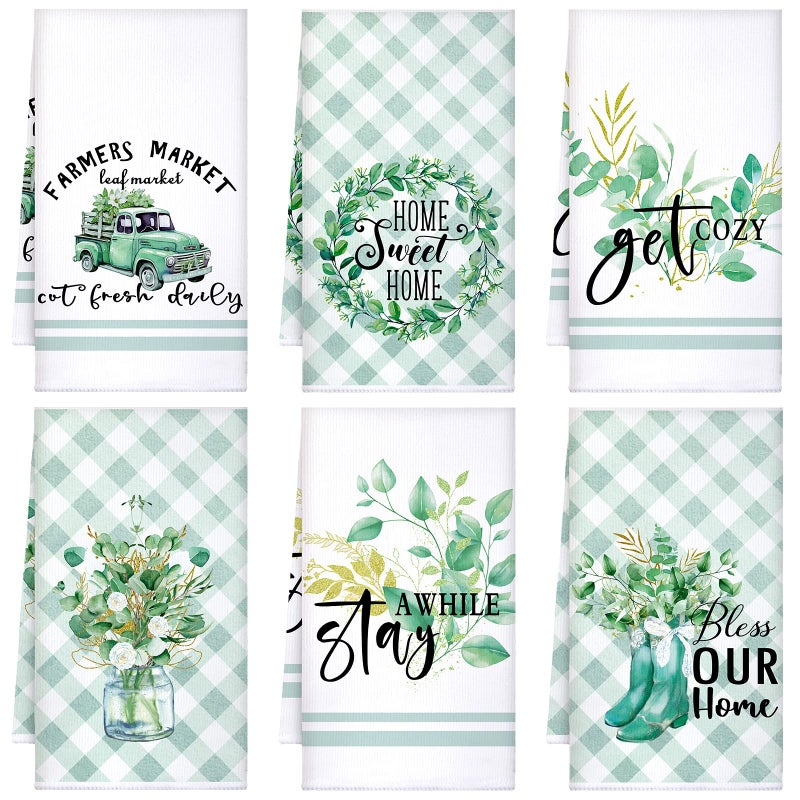 Boyiee Set of 6 Eucalyptus Kitchen Towels Green Leaves Dish Towels Absorbent Tea Towels 24 x 16 Inch Eucalyptus Get Cozy Lover Gifts Holiday Wedding Gifts Hand Towels for Farmhouse Kitchen Bathroom Decor - Image 1