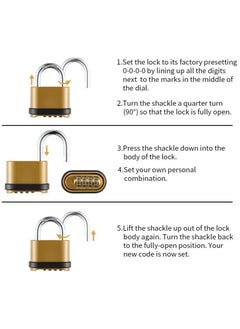 Y&D 4 Digit Combination Lock, Heavy Duty Outdoor Security Keyless Locks Buckle Design Brass Finish Long Shackle Padlock, for Use, Sheds, Locker, Gym, Gate, Mechanical Lock  - Image 5