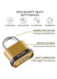 Y&D 4 Digit Combination Lock, Heavy Duty Outdoor Security Keyless Locks Buckle Design Brass Finish Long Shackle Padlock, for Use, Sheds, Locker, Gym, Gate, Mechanical Lock  - Image 3