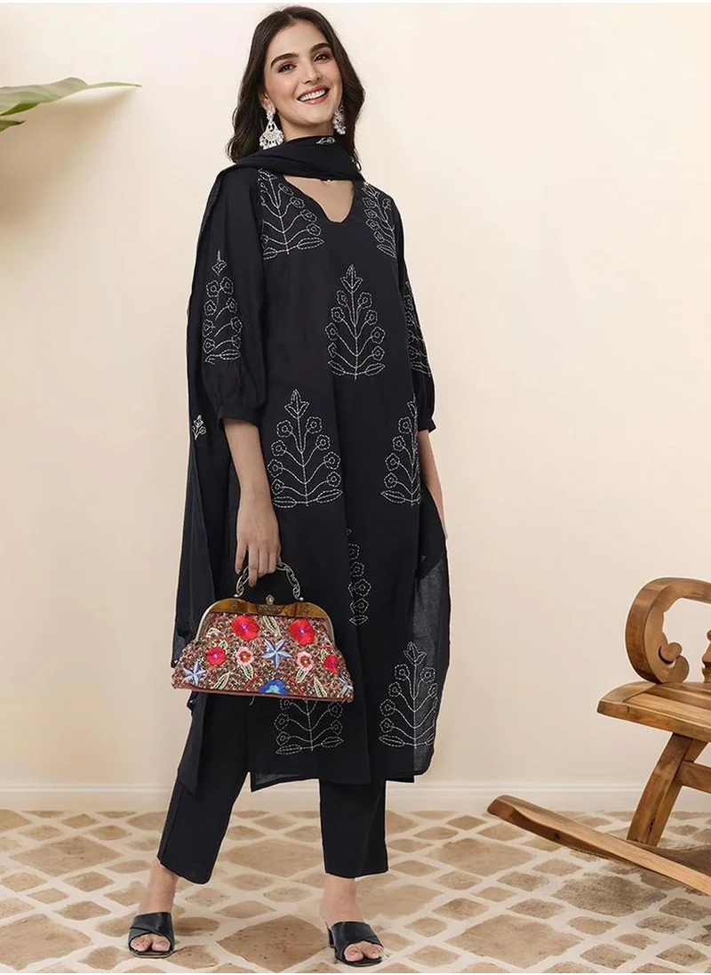 آي شين Women's Black 100% Cotton Embellished Tunic Full Length Casual Straight Fit Kurta Set