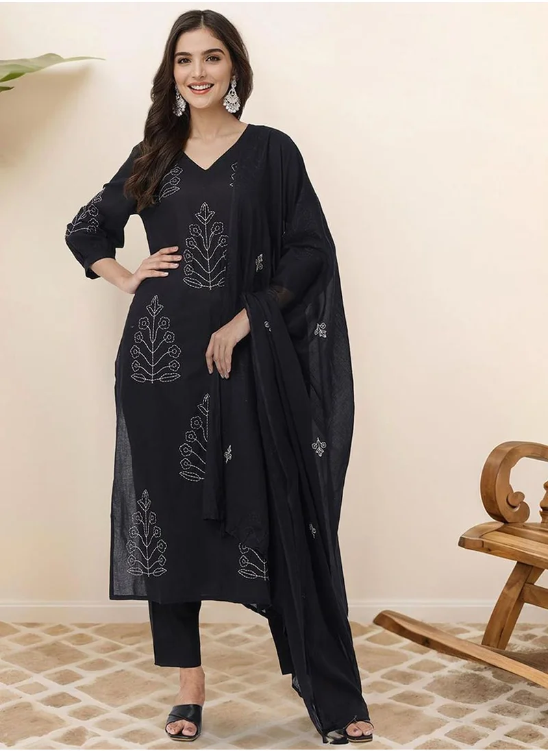 آي شين Women's Black 100% Cotton Embellished Tunic Full Length Casual Straight Fit Kurta Set