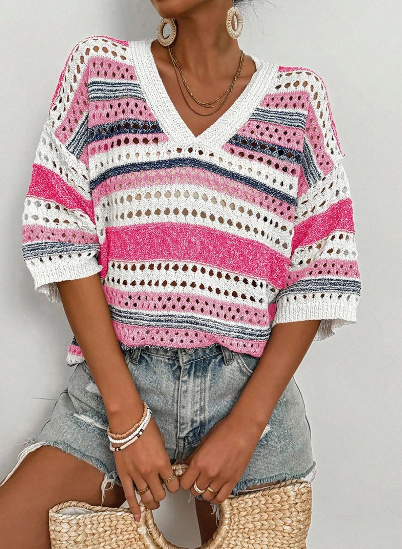 Acelitt Womens Spring Summer Short Sleeve Crochet Knit Sweater 2024 Fashion Trendy Hollow Out V Neck Striped Knitted Tops Beach Swimsuit Cover Ups Pink Medium - Image 5