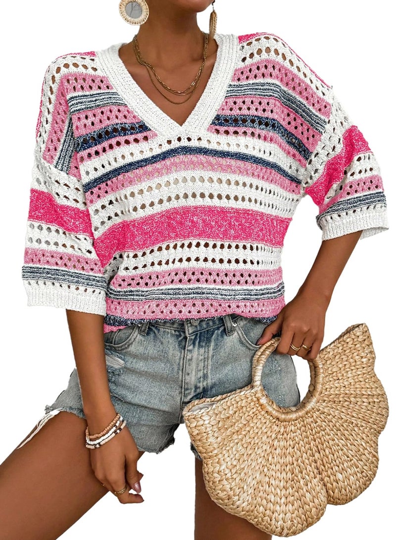 Acelitt Womens Spring Summer Short Sleeve Crochet Knit Sweater 2024 Fashion Trendy Hollow Out V Neck Striped Knitted Tops Beach Swimsuit Cover Ups Pink Medium - Image 1