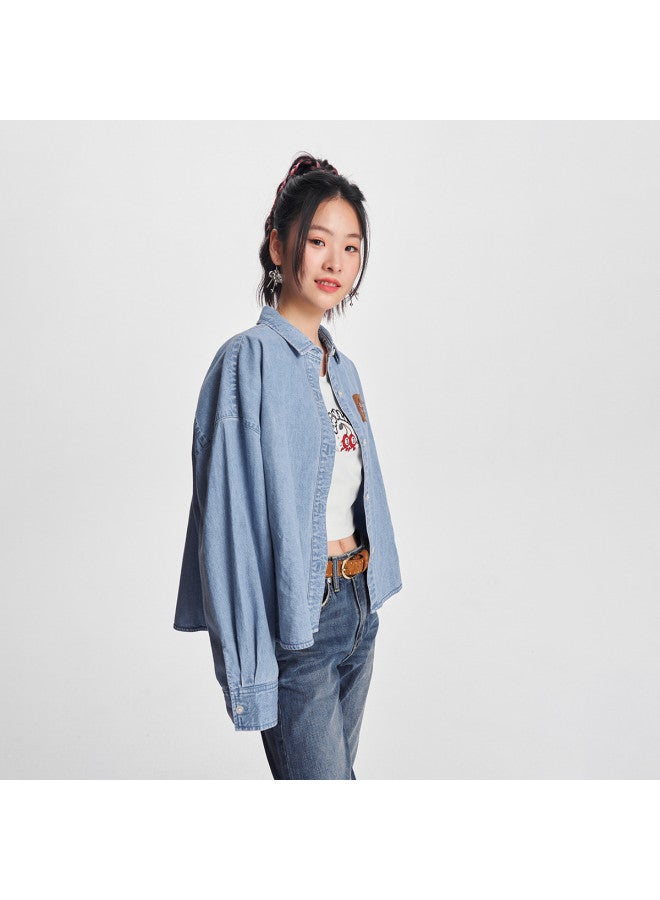 LEE Early Spring Loose Version Lapel Light Blue Women's Long Sleeve Denim Shirt Casual - Image 5