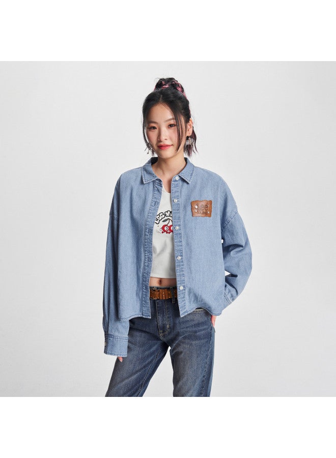 LEE Early Spring Loose Version Lapel Light Blue Women's Long Sleeve Denim Shirt Casual - Image 2